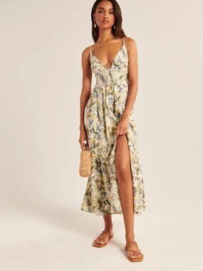Abercrombie & Fitch Floral Linen Blend Button Front Maxi Dress, XSP